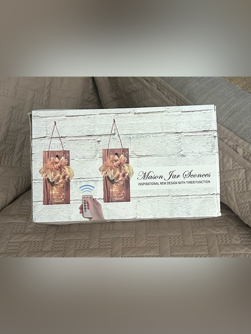 Rustic Wooden Wall Sconces with Mason Jars and Fairy Lights, remote timer